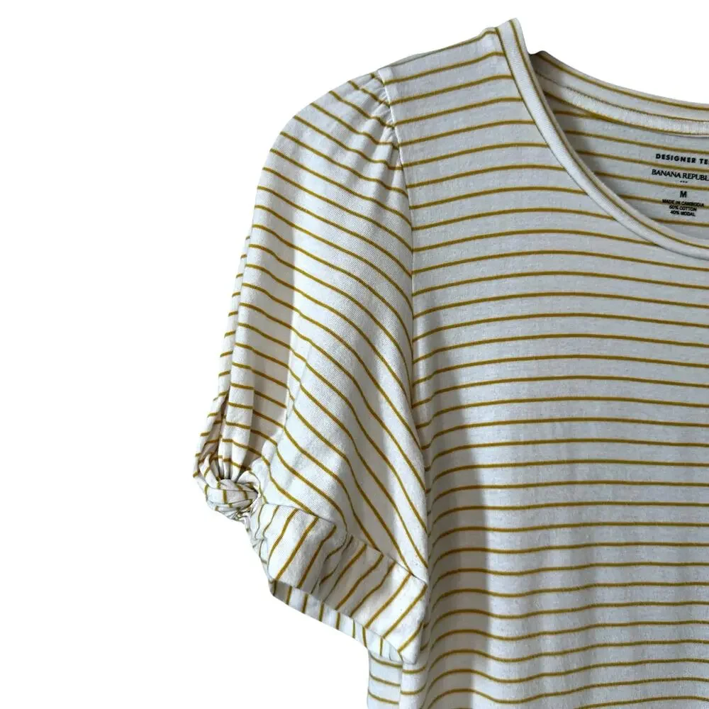 BANANA REPUBLIC Designer Tee Striped Puff Blouse Top Modal Blend Butter Yellow M